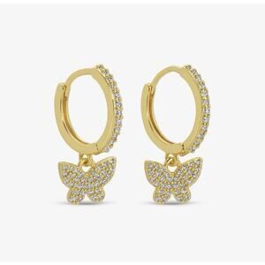 18k Gold Plated Butterfly Huggy Earrings, CZ Butterfly pave Hoops Dangle Drops